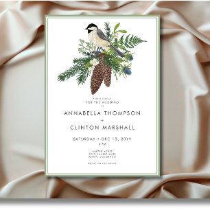 Rustikale Winter Bird & Pine Frame Wedding Einladung