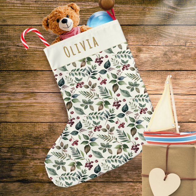Rustikale Winter-Blätter und Berries Personalisier Großer Weihnachtsstrumpf (A Christmas stocking with an elegant pattern of greenery and red berries, personalized with a name)
