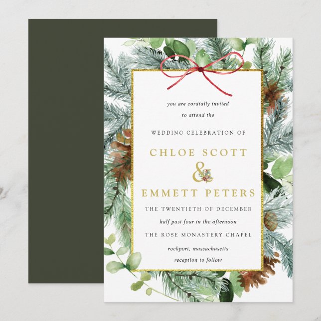 Rustikale Winter Botanische Pine Hochzeit Einladun Einladung (Vorne/Hinten)