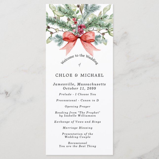 Rustikale Winter Botanische Rote Bow DIY Hochzeit Programm (Vorderseite)