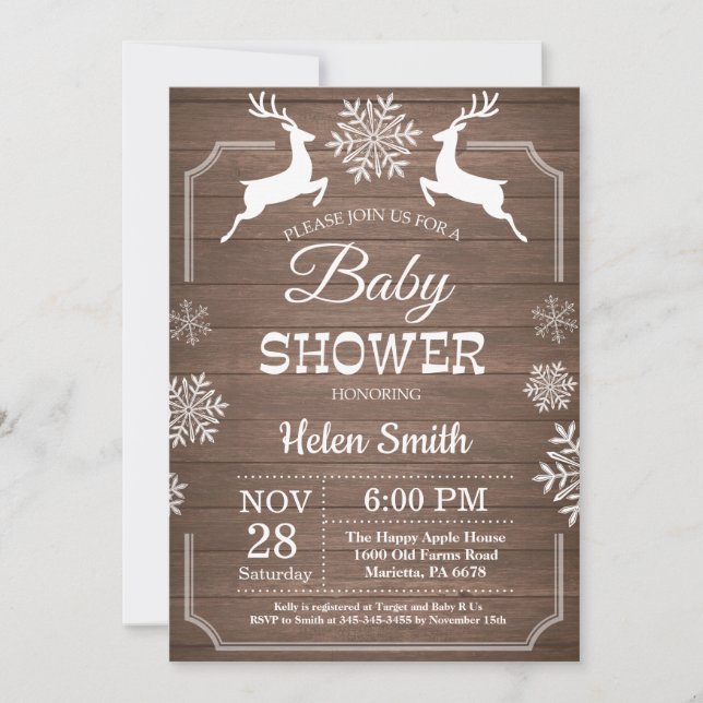 Rustikale Winter Deer Snowflake Baby Dusche Einladung (Vorderseite)