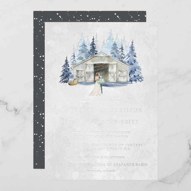 Rustikale Winter Evergreen Barn Wedding Folieneinladung (Vorderseite/Rückseite)