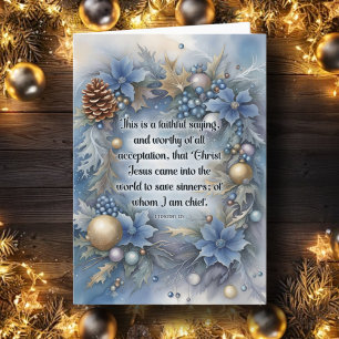 Rustikale Winter Flora Wreath Bibel Verse Blue Gol Feiertagskarte