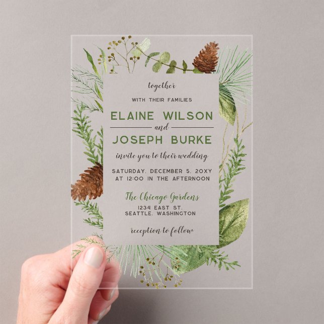 Rustikale Winter Foliage Pine Wedding Acryleinladungen (Insitu (Handheld))