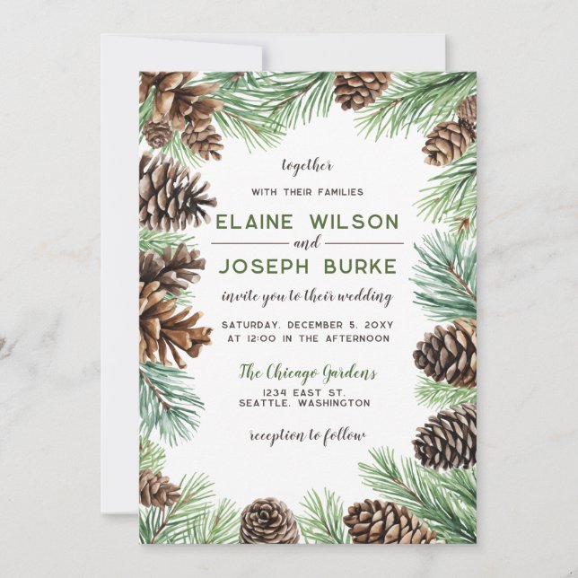 Rustikale Winter Foliage Pine Wedding Einladung (Vorderseite)