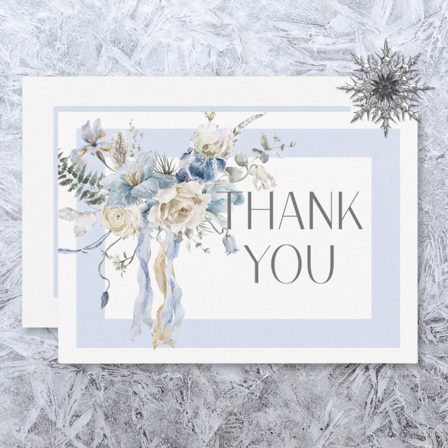 Rustikale Winter Frosty Blue & White Floral Weddin Dankeskarte (Von Creator hochgeladen)
