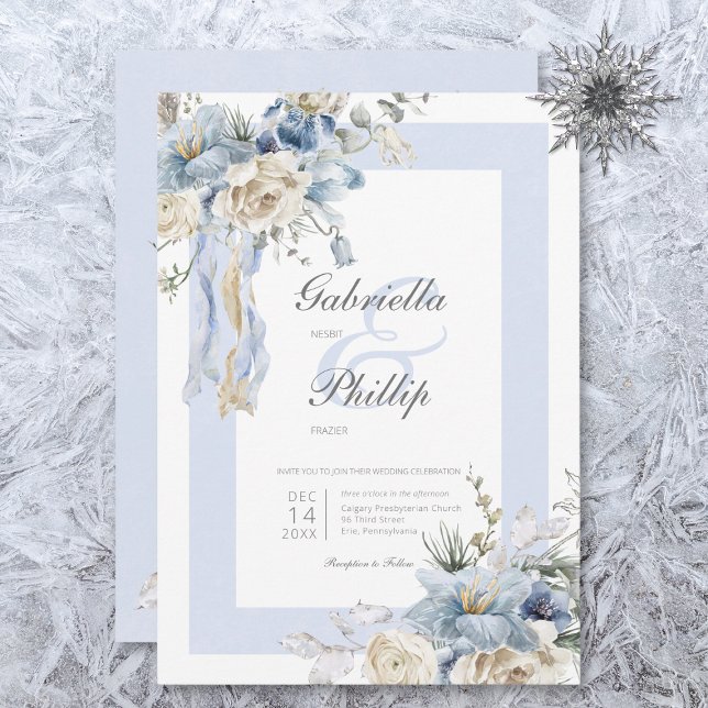 Rustikale Winter Frosty Blue & White Floral Weddin Einladung (Von Creator hochgeladen)