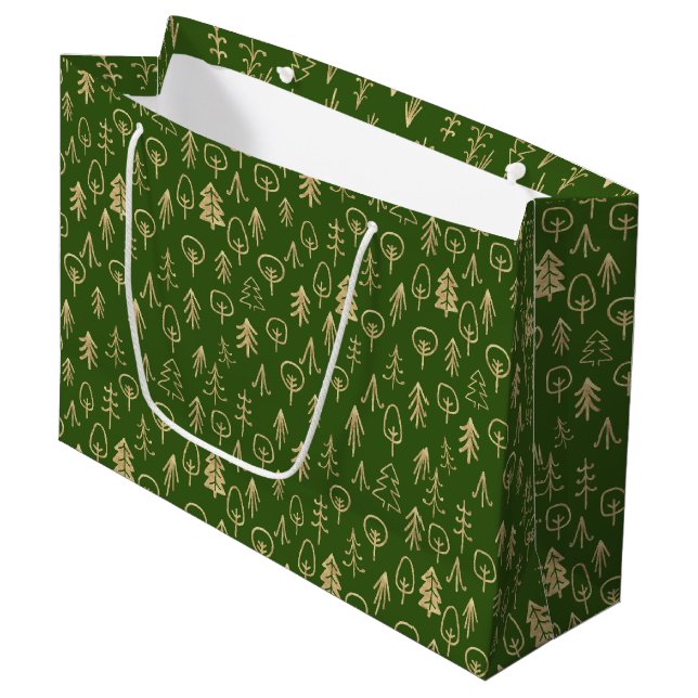 Rustikale Winter Gold Gemustert grüne große Gesche Geschenktüte (Vorderseite Schrägansicht)