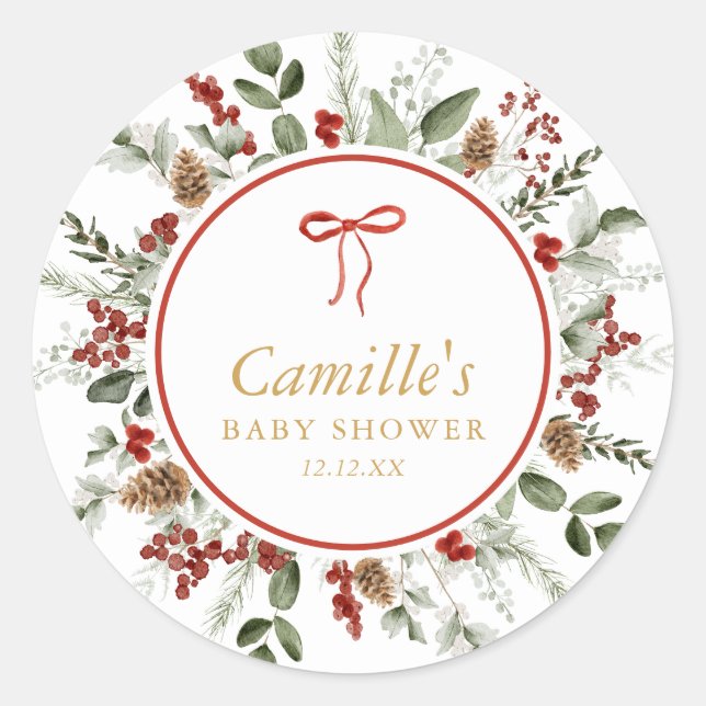 Rustikale Winter Greenery Kinderdusche Runder Aufkleber (Vorderseite)