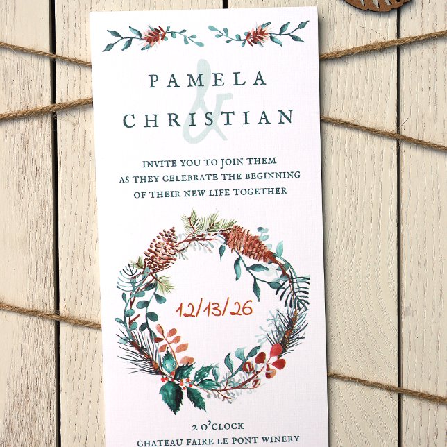 Rustikale Winter-Hochzeit mit Grün und Kupfer Einladung (Winter Pinecones, Eucalyptus Leaves, Pine Needle Wreath Wedding Invitation, Unique Vertical Design)