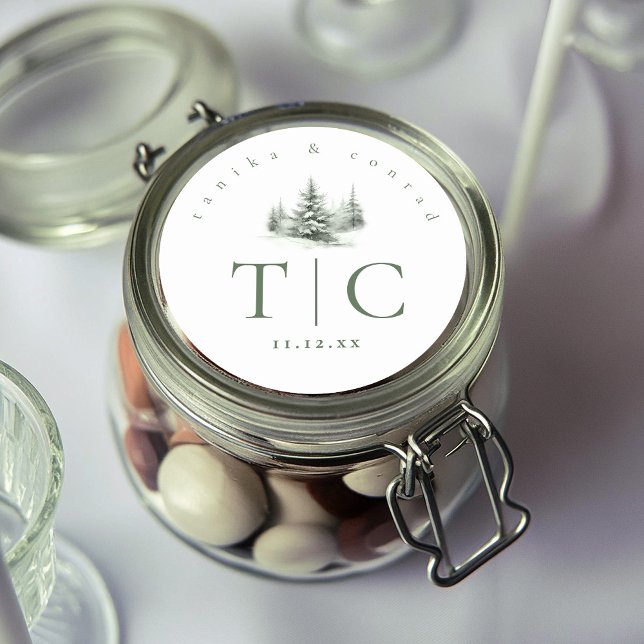 Rustikale Winter Hochzeitseinheiten Forest Green I Runder Aufkleber (Von Creator hochgeladen)