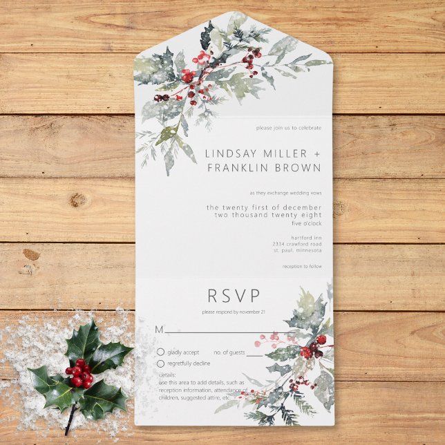 Rustikale Winter Holberries & Schneedetails All In One Einladung (Rustic Winter Holly Berries & Snow Details All In One Invitation)