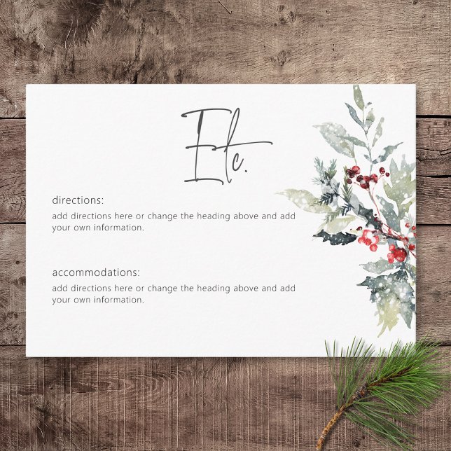 Rustikale Winter Holberries & Schneedetails Begleitkarte (Rustic Winter Holly Berries & Snow Wedding Details Card)