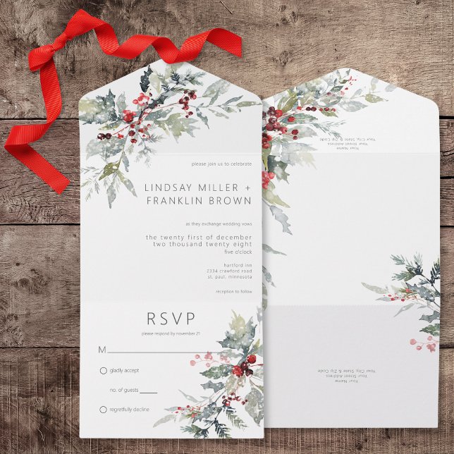 Rustikale Winter Holberries & Snow No Dinner All In One Einladung (Rustic Winter Holly Berries & Snow All In One Wedding Invitation without Dinner Options)