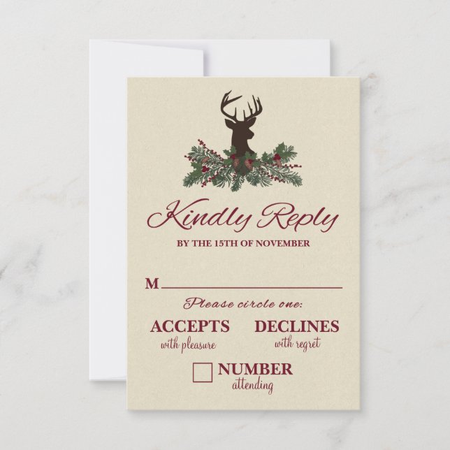 Rustikale Winter Holiday Pine Wedding RSVP Card Karte (Vorderseite)
