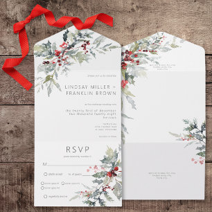 Rustikale Winter-Holly-Beeren- und Schnee-Dinnerpa All In One Einladung
