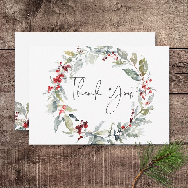 Rustikale Winter Holly Berries & Snow Wedding Dankeskarte (Rustic Winter Holly Berries & Snow Wedding Thank You Card)