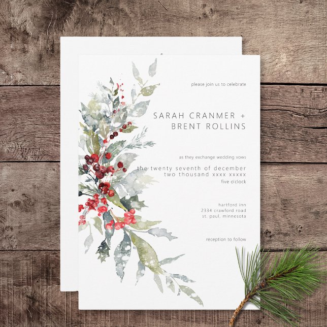 Rustikale Winter Holly Berries & Snow Wedding Einladung (Rustic Winter Holly Berries & Snow Wedding Invitation)