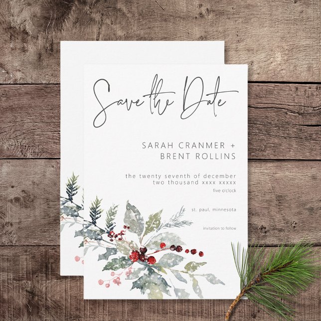 Rustikale Winter Holly Berries & Snow Wedding Save The Date (Rustic Winter Holly Berries & Snow Save the Date Card)