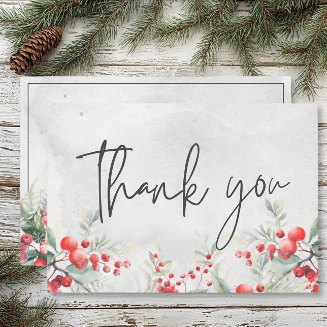 Rustikale Winter Holly & Pine Wedding Dankeskarte (Rustic Winter Holly & Pine Wedding Thank You Card)