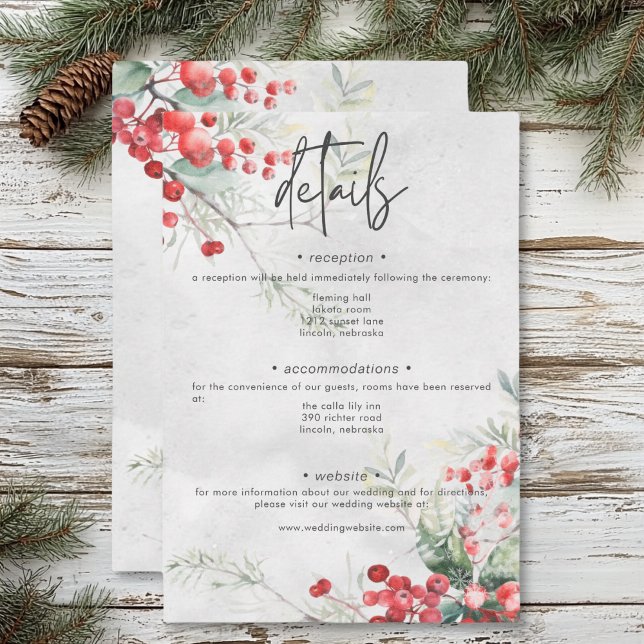 Rustikale Winter Holly & Pine Wedding Details Begleitkarte (Rustic Winter Holly & Pine Wedding Details Enclosure Card)