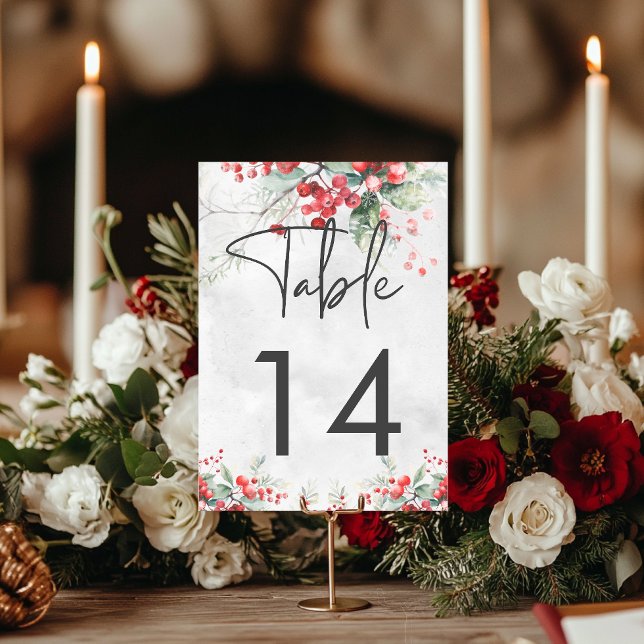 Rustikale Winter Holly & Pine Wedding Tischnummer (Rustic Winter Holly & Pine Wedding Table Number)