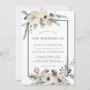 Rustikale Winter Pine Bloral Black Frame Wedding Einladung