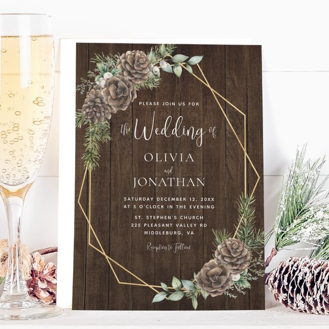 Rustikale Winter Pine Cones Gold Frame Wedding Einladung (Von Creator hochgeladen)