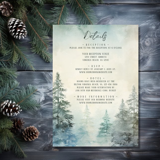 Rustikale Winter Pine Forest Walland Hochzeiten De Begleitkarte (Front - Rustic Winter Pine Forest Woodland Wedding Details Enclosure Card)