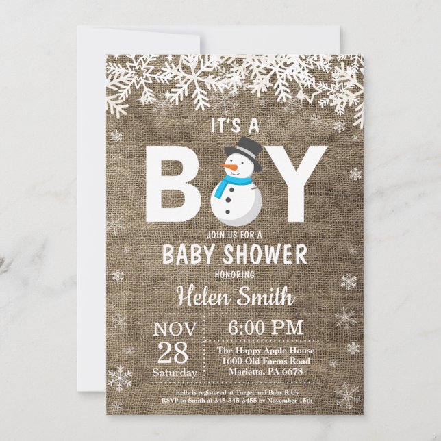 Rustikale Winter Snowman Boy Babydusche Einladung (Vorderseite)