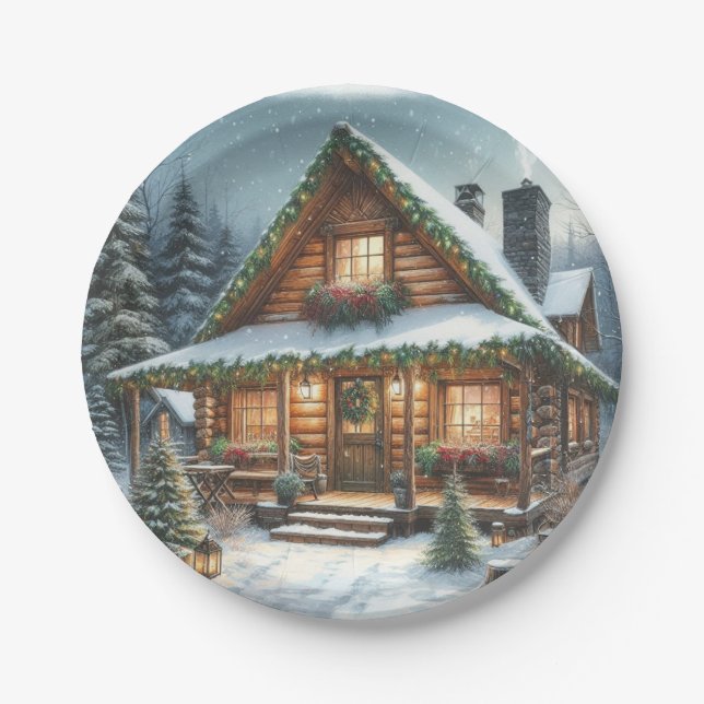 Rustikale Winter-/Weihnachtsschneekabine Pappteller (Vorderseite)