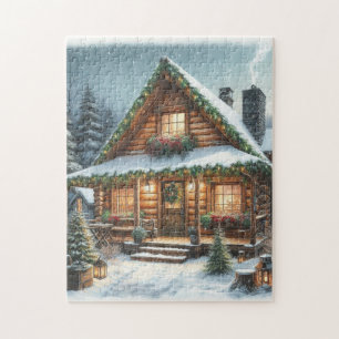 Rustikale Winter-/Weihnachtsschneekabine Puzzle