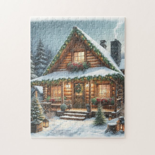 Rustikale Winter-/Weihnachtsschneekabine Puzzle (Vertikal)