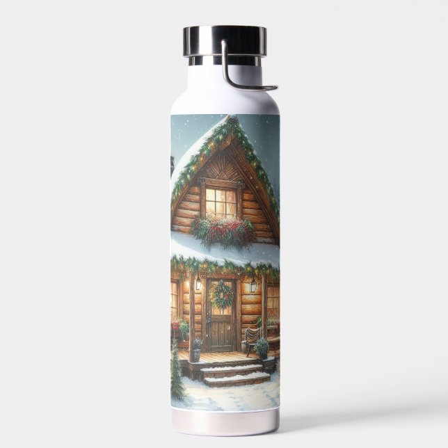 Rustikale Winter-/Weihnachtsschneekabine Trinkflasche (Links)