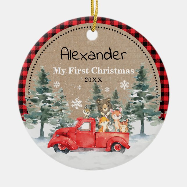 Rustikale Winter Woodland Tiere Baby 1. Weihnachte Keramik Ornament (Vorne)