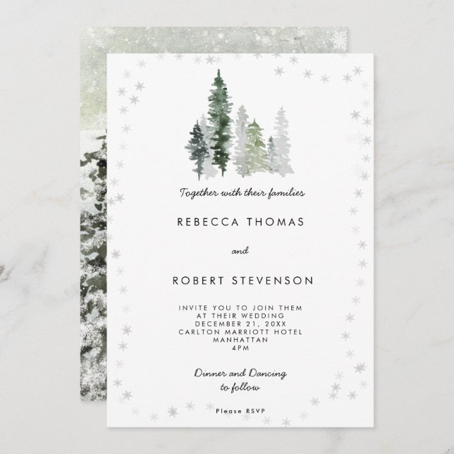 rustikale Winterbäume Hochzeitsreise Einladung (Vorne/Hinten)