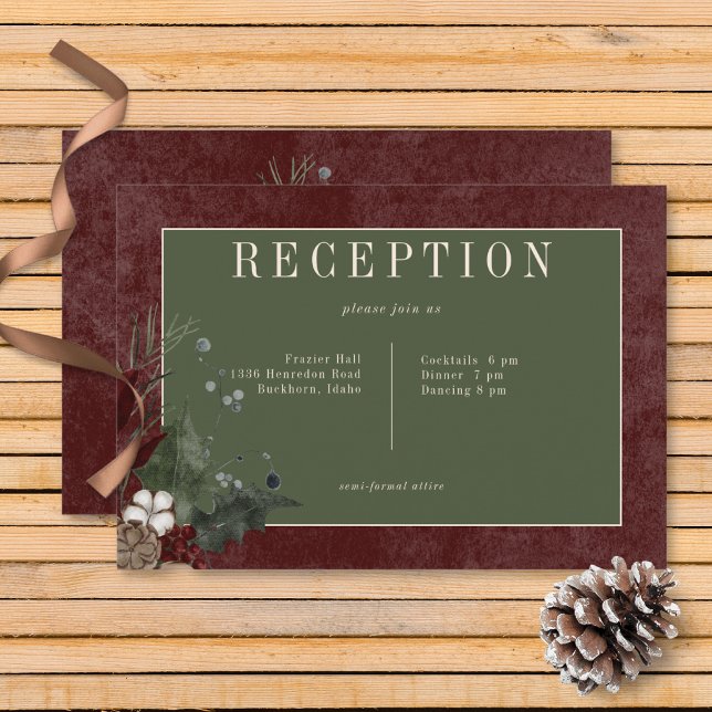 Rustikale WinterBerries & Pine Burgund Empfang Begleitkarte (Rustic Winter Berries & Pine Burgundy Wedding Reception Card)