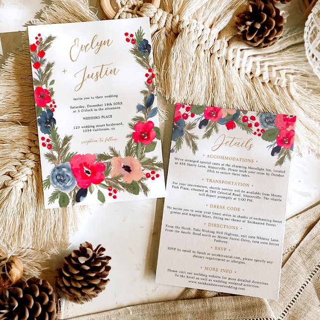 Rustikale Winterblumenwetterhochzeit Einladung (Rustic Winter Floral Watercolor Wedding all in One Invitation)