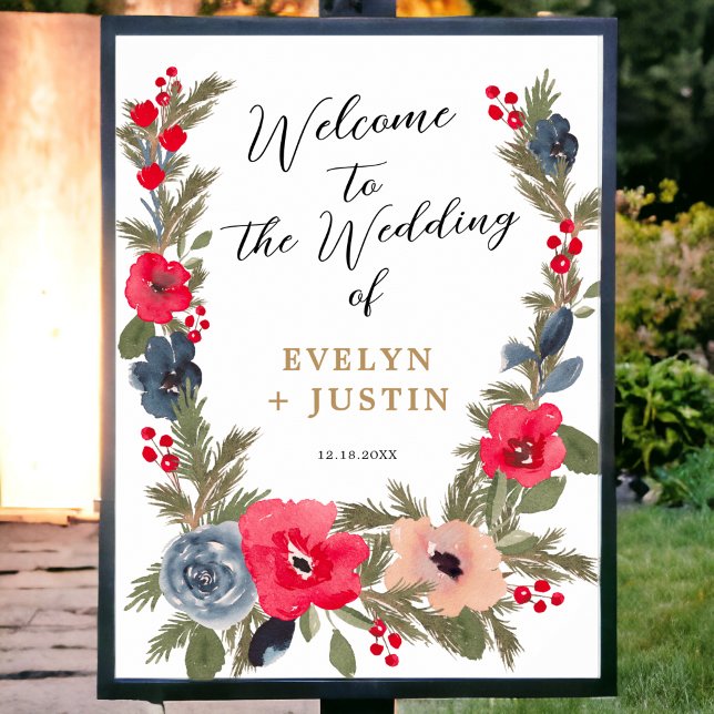 Rustikale Winterblumenwetterhochzeit Willkommen Poster (Rustic Winter Floral Watercolor Wedding Welcome Poster)