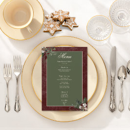 Rustikale Winterbrände & Pine Burgund Hochzeit Menükarte