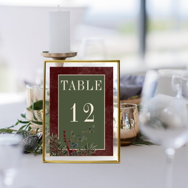Rustikale Winterbrände & Pine Burgund Hochzeit Tischnummer (Rustic Winter Berries & Pine Burgundy Wedding Table Number)