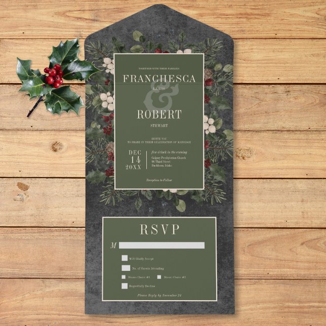 Rustikale Winterfrüchte & Pine Black 2 Dinner All In One Einladung (Rustic Winter Berries & Pine Black Two Dinner All In One Invitation)