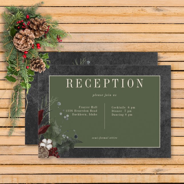 Rustikale Winterfrüchte & Pine Black Empfang Begleitkarte (Rustic Winter Berries & Pine Black Wedding Reception Card)