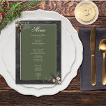 Rustikale Winterfrüchte & Pine Black Wedding Menükarte<br><div class="desc">Hier stellen wir Ihnen unser zauberhaftes Winterhochzeitsmenü vor, in dem zeitlose Eleganz und die Schönheit der Saison vereint werden. Der schwarze Hintergrund, kunstvoll bedrängt mit sanften weißen Akzenten, Set einen fesselnden Ton für Ihren besonderen Tag. In der dunkelgrünen Textecke werden die Details des Menüs glänzen, umgeben von einem zarten cremefarbenen...</div>