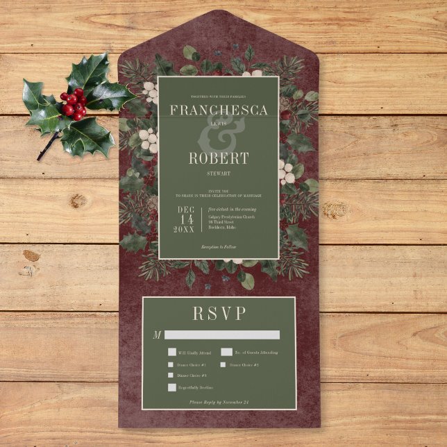Rustikale Winterfrüchte & Pine Burgund Drei Abende All In One Einladung (Rustic Winter Berries & Pine Burgundy Three Dinner All In One Invitation)