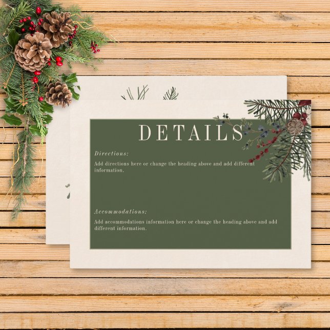 Rustikale Winterfrüchte & Pine Creme Details Begleitkarte (Rustic Winter Berries & Pine Wedding Details Card)