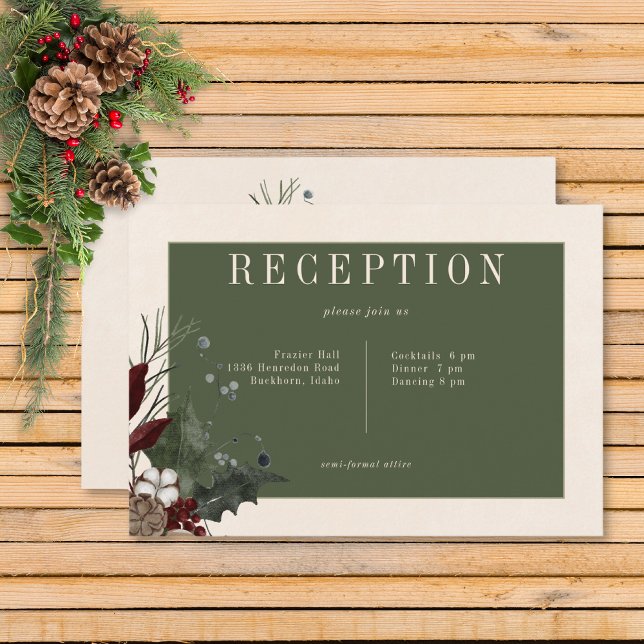 Rustikale Winterfrüchte & Pine Creme Empfang Begleitkarte (Rustic Winter Berries & Pine Cream Wedding Reception Card)