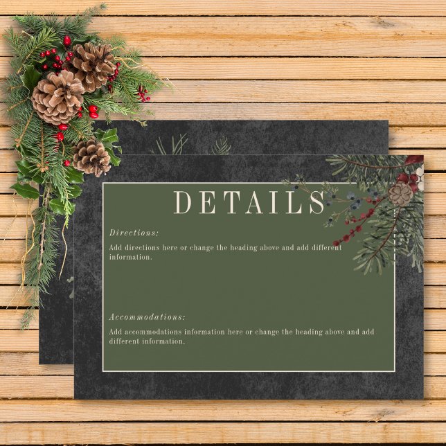 Rustikale Winterfrüchte & Pinienschwarze Details Begleitkarte (Rustic Winter Berries & Pine Black Wedding Details Card)