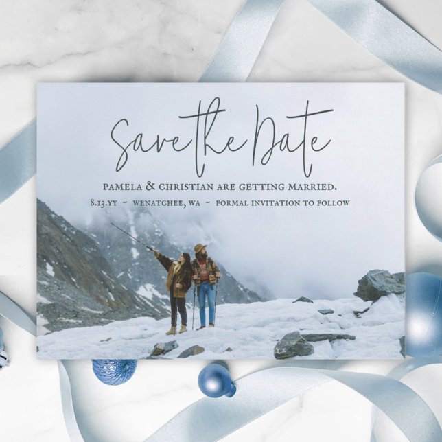 Rustikale Winterhochzeit Rett-the-Date-Foto Postka Postkarte (simple wedding save the date card winter wedding elegant script calligraphy minimalistic photo card)