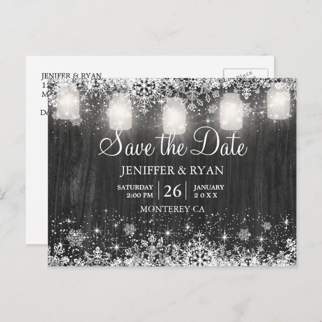 Rustikale Winterhochzeit Save the Date Postkarte (Vorne/Hinten)